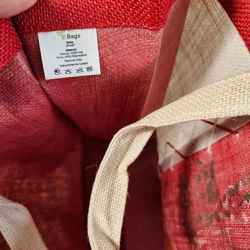 Hand-Made Tote Bag Christmas Jute Craft-Fabric Ribbon Flowers Hand Painted Gift